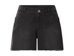 Black denim shorts with a frayed hem and front pockets.