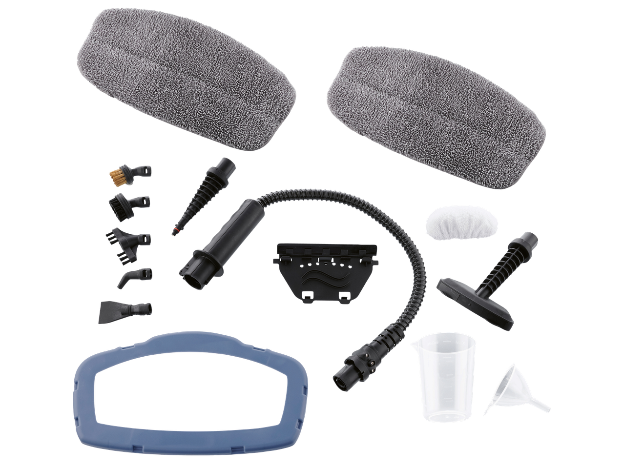 Комплект аксесоари за парочистачка с микрофибърни подложки, четки и накрайници.