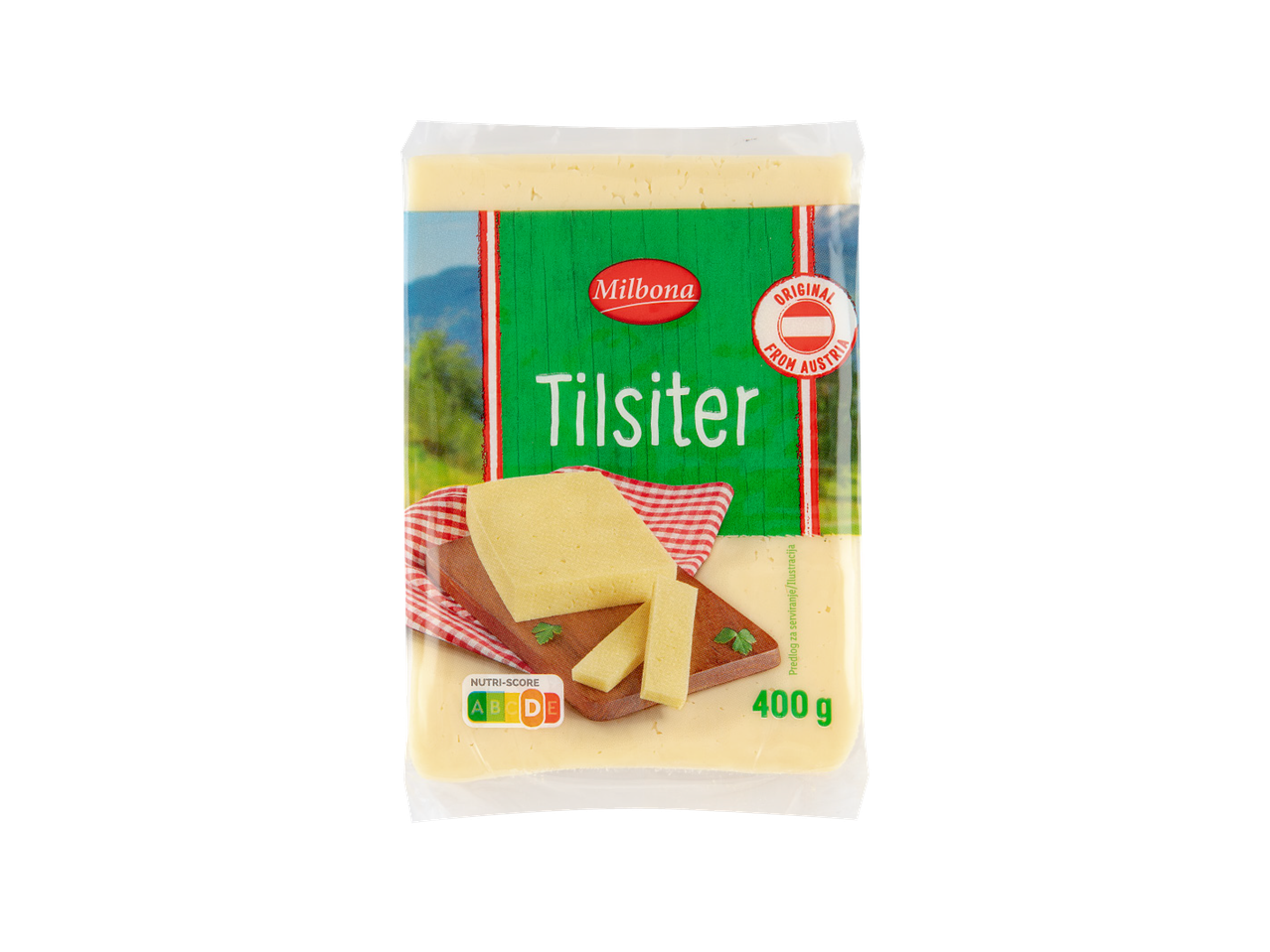 Milbona Tilsiter sir, 400g pakiranje s Nutri-Score oznakom