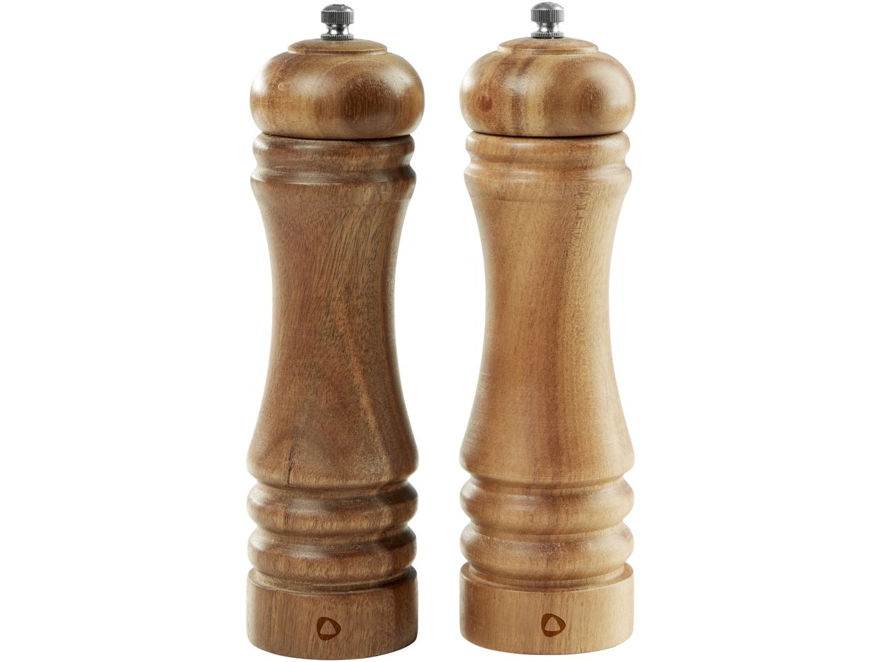 Two wooden salt and pepper grinders with metal tops.