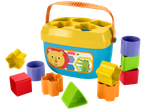 Fisher-Price shape sorter bucket with colorful building blocks.