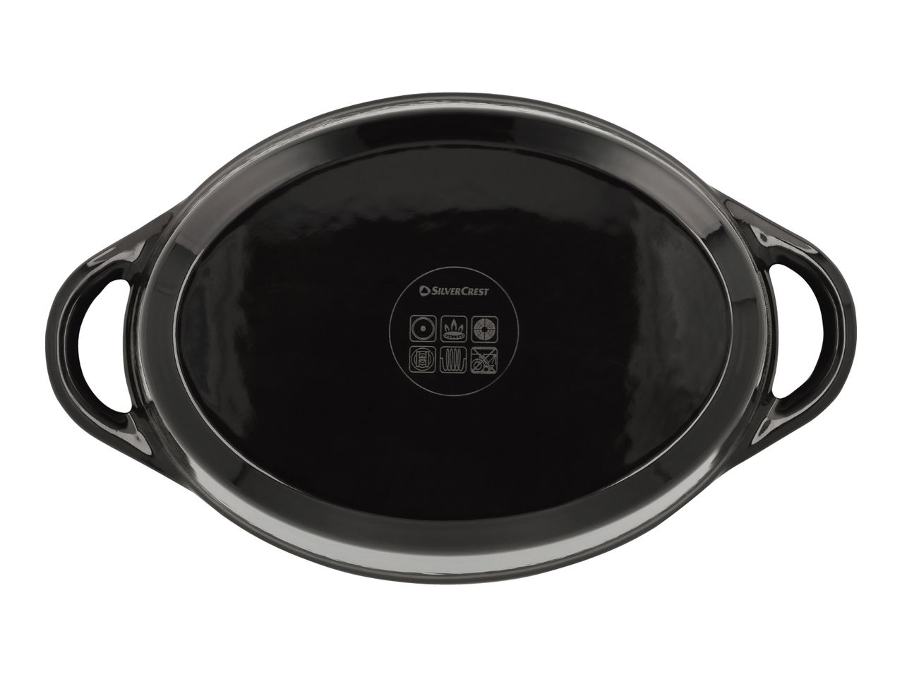 SilverCrest black oval baking dish with handles and cooking symbols