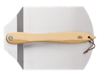 Grillmeister pizza peel paddle with a wooden handle and a leather hanging loop