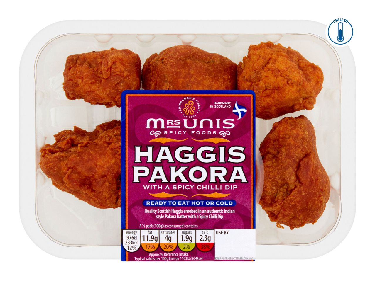A package of Mrs. Unis Haggis Pakora with a spicy chili dip, ready to eat hot or cold.
