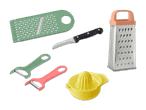 Küchenhelfer-Set mit Reiben, Messer, Sparschäler und Zitruspresse.