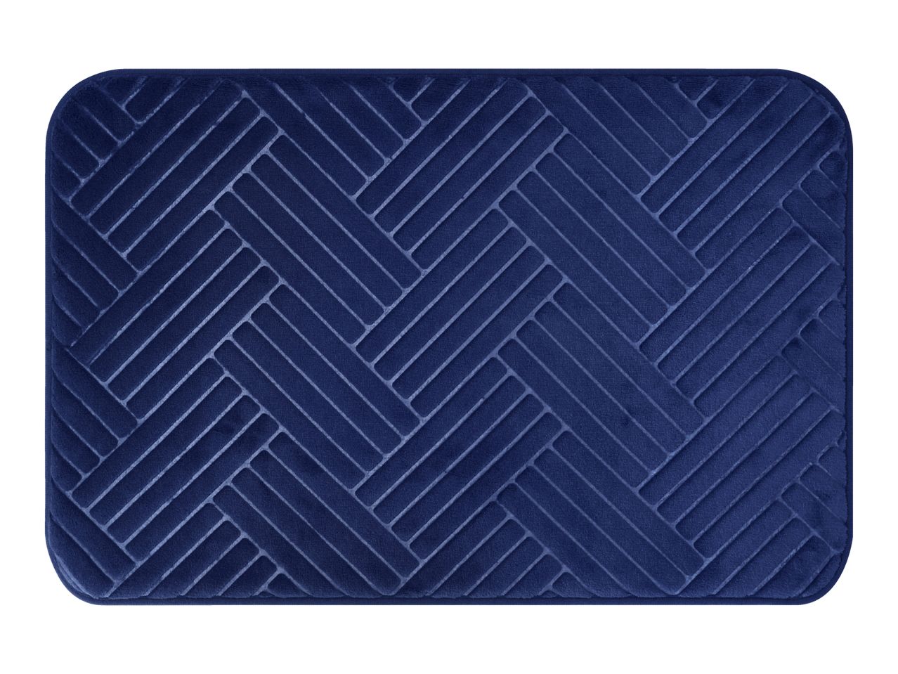 Blue rectangular bath mat with a herringbone pattern