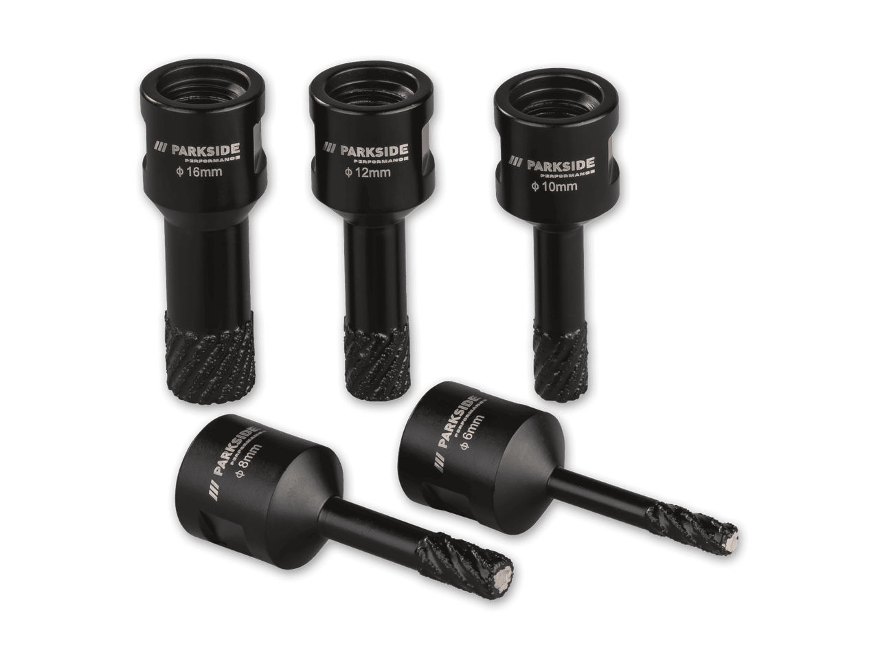 Fünf schwarze Bohrer in verschiedenen Größen (16mm, 12mm, 10mm, 8mm, 6mm) mit geriffelten Spitzen.
