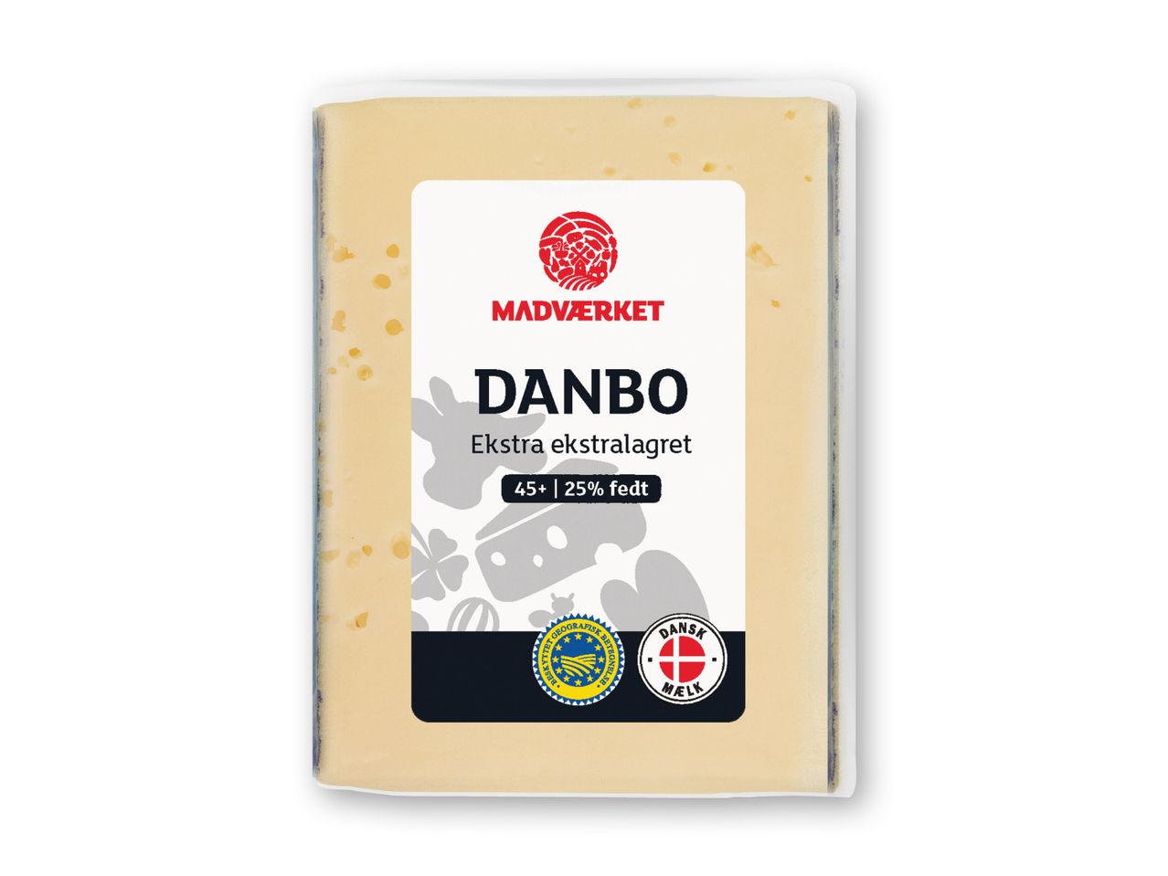 En pakke Danbo-ost fra Madværket, mærket som ekstra lagret med 45+ fedtindhold.