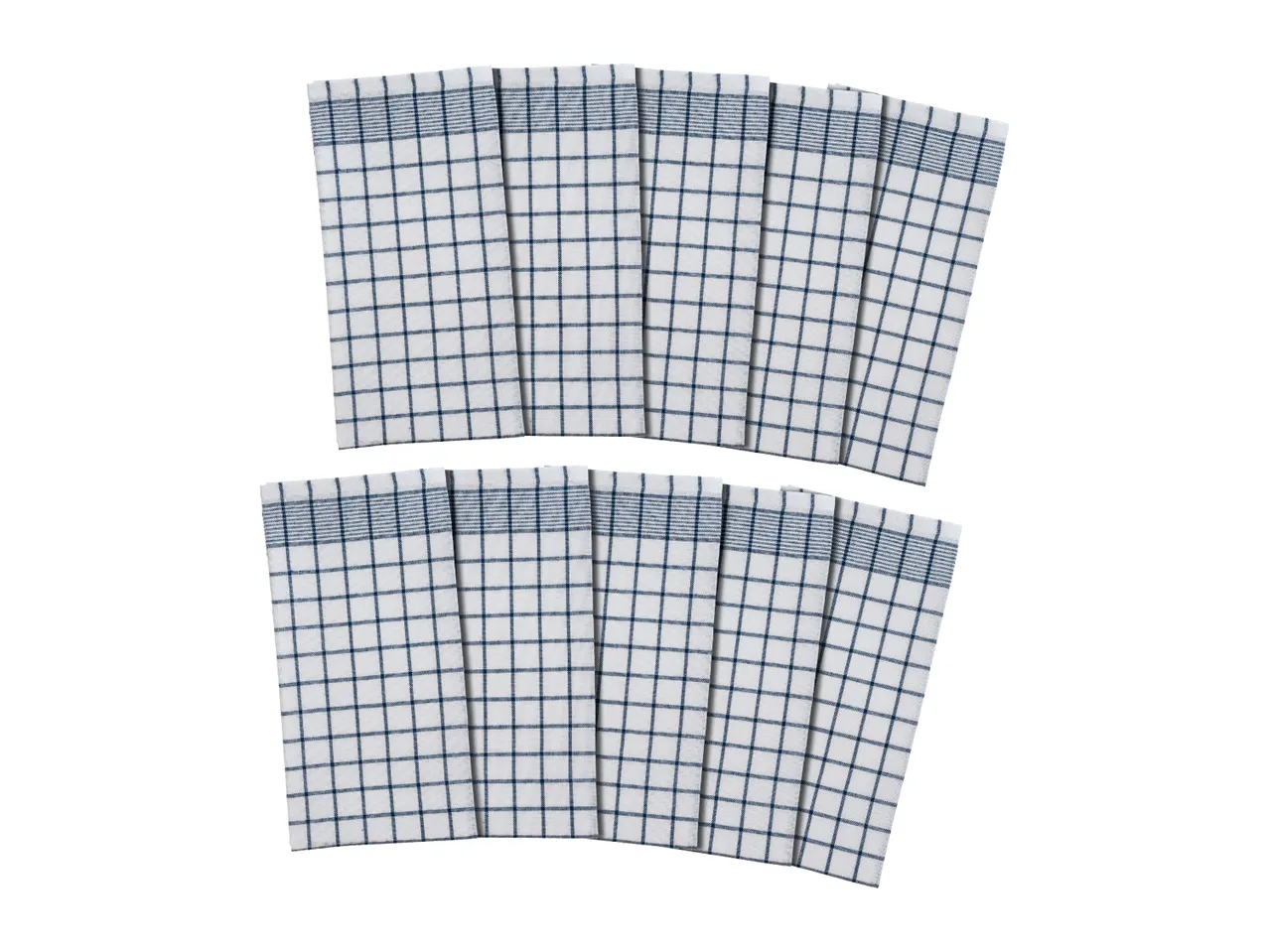 Two sets of white and blue checkered kitchen towels, fanned out on a white background.