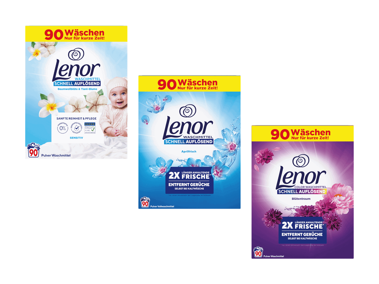 Trois paquets de lessive en poudre Lenor, avec différents parfums et avantages.