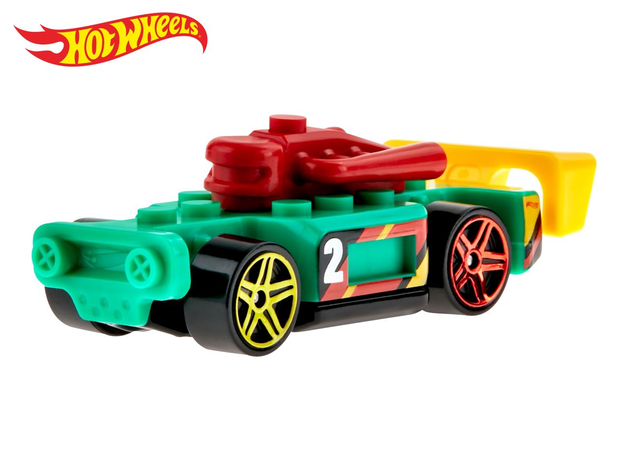 A green toy race car with red and yellow accents, featuring the number 2 on its side.