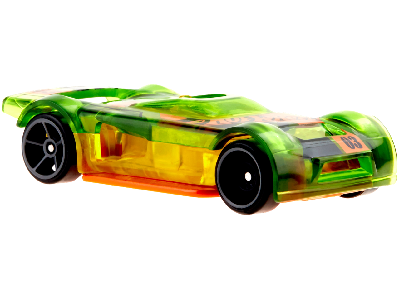 HOT WHEELS speelgoedvoertuig: doorschijnende groen-gele raceauto met oranje accenten