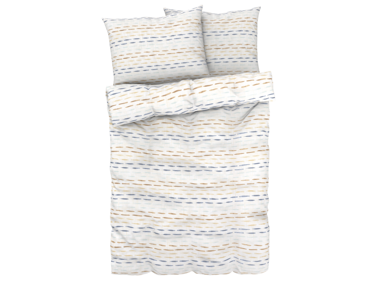 Комплект спално бельо с шарка на хоризонтални черти в синьо и кафяво.