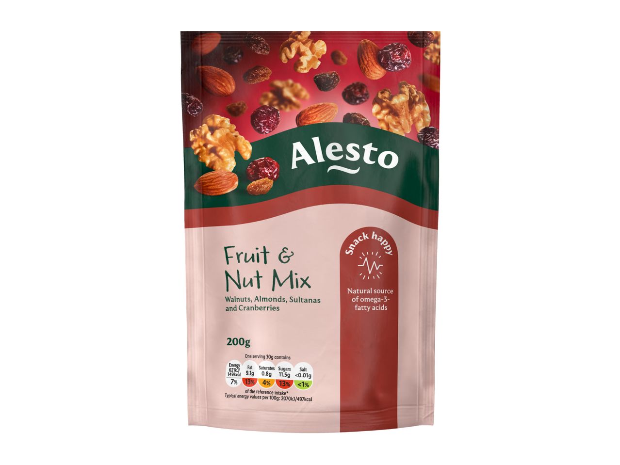 Fruit & Nut Mix with walnuts, almonds, sultanas, and cranberries, highlighting omega-3 fatty acids.