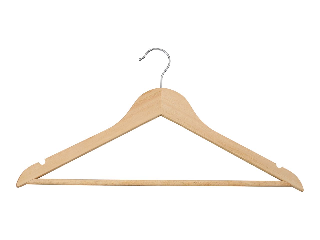 Classic wooden clothes hanger with a metal hook and trouser bar.