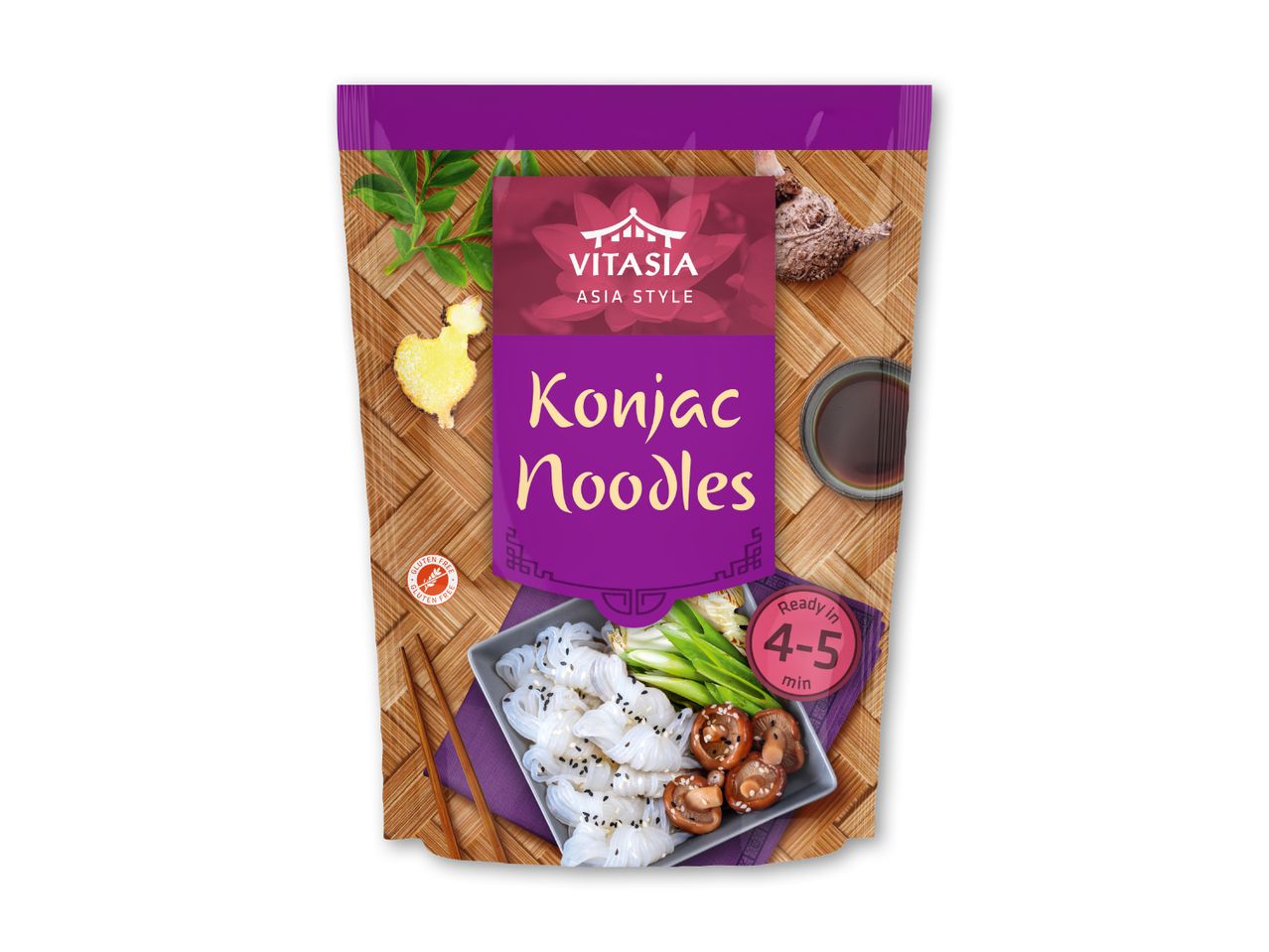 Pakke med konjacnudler i asiatisk stil med grøntsager, svampe og sojasauce, klar på 4-5 minutter.