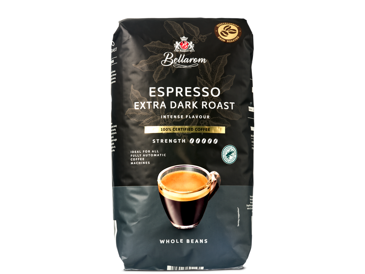BellaRom Espresso Extra Dark Roast: hele bonen koffie, donkere branding.