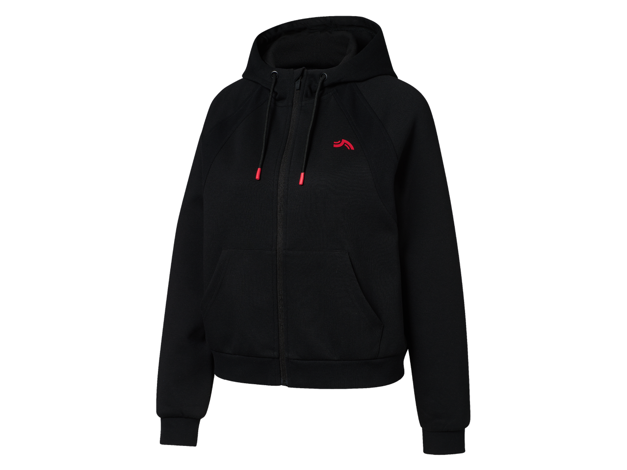 Черно дамско горнище с качулка и цип, с червено лого и връзки.