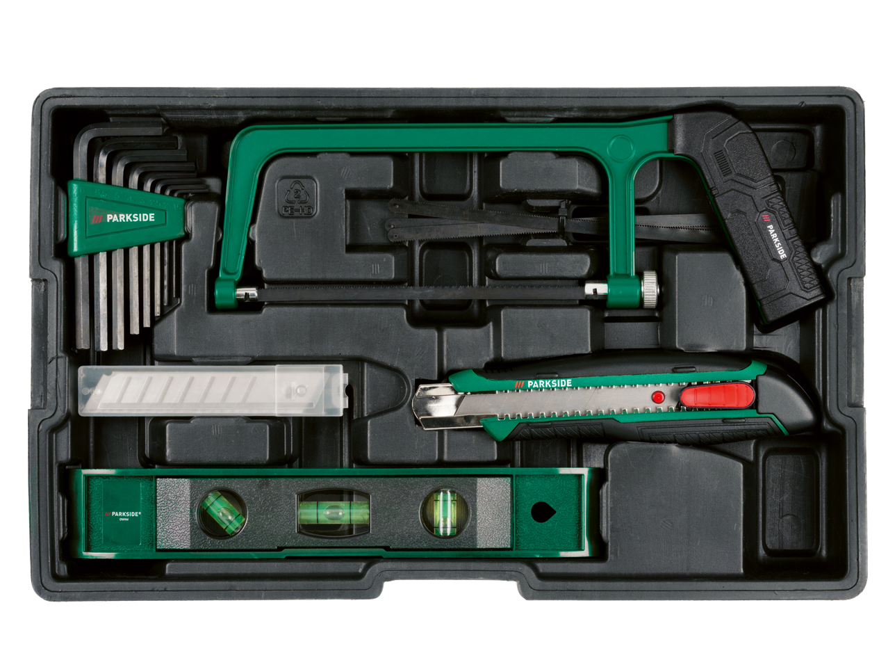 Set de unelte PARKSIDE în cutie neagră, incluzând fierăstrău, chei hexagonale, cutter și nivelă.