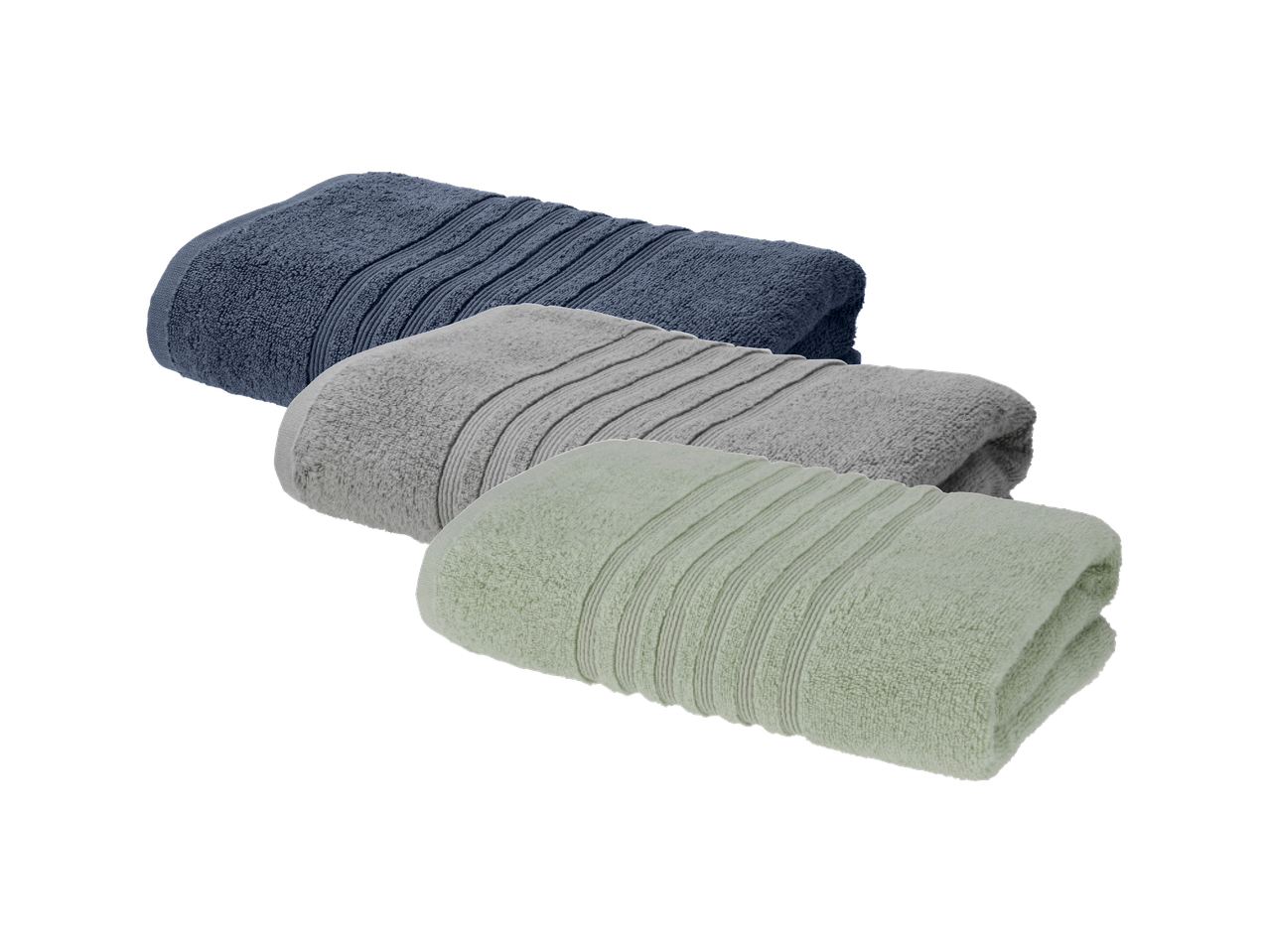 Tri presavijena ručnika u plavoj, sivoj i zelenoj boji, s prugastim uzorkom.