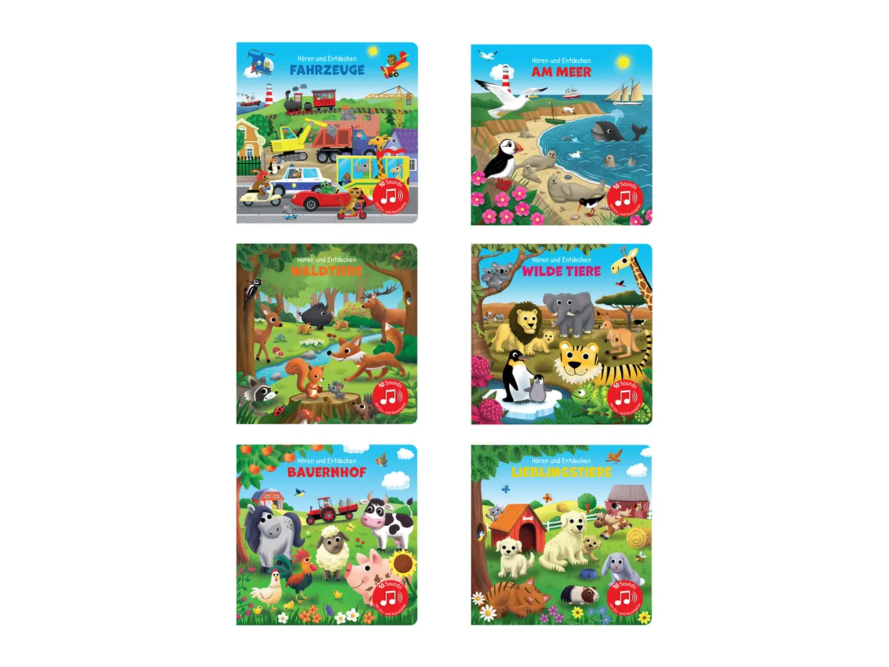 Sechs Kinderbücher mit Tier- und Fahrzeugthemen, darunter „Fahrzeuge“, „Am Meer“, „Waldtiere“, „Wilde Tiere“, „Bauernhof“ und „Lieblingstiere“.