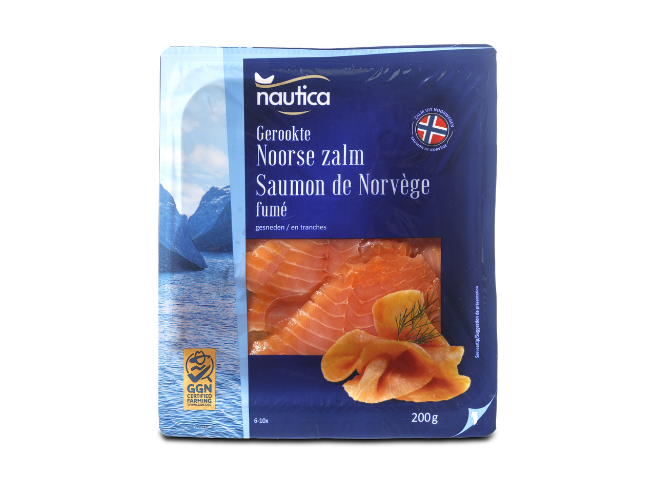 Verpakking gerookte Noorse zalm, gesneden, 200g, met GGN-certificering.