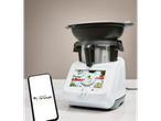 A Monsieur Cuisine Smart food processor and a smartphone displaying 'works with Ok Google'.
