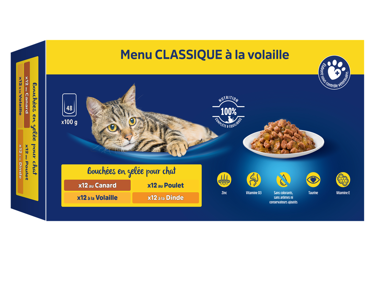 Boîte de 48 sachets de bouchées en gelée pour chat, saveurs canard, poulet, volaille et dinde, avec un chat et un bol de nourriture.