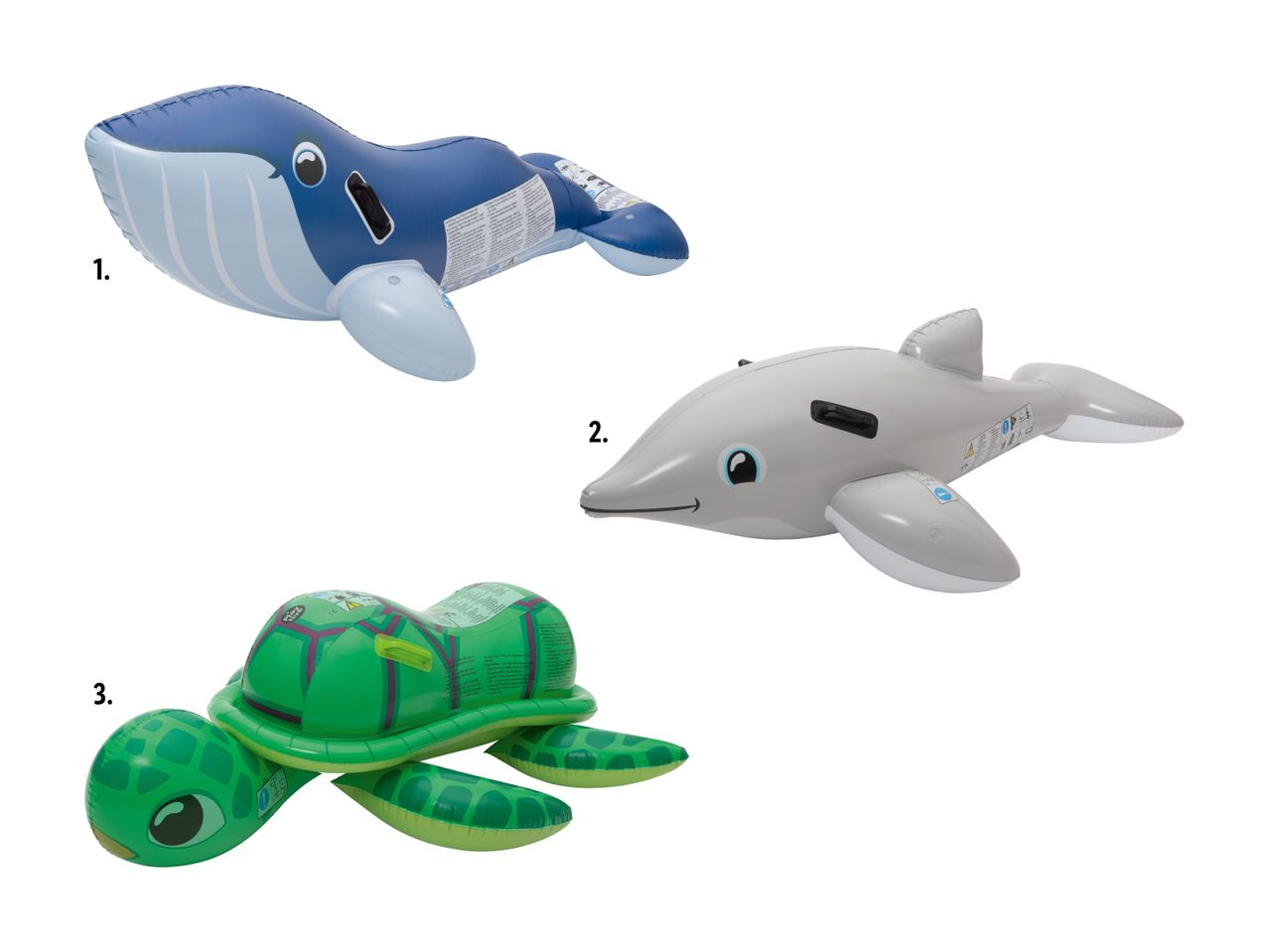 Jouets de bain gonflables : requin, tortue et baleine.