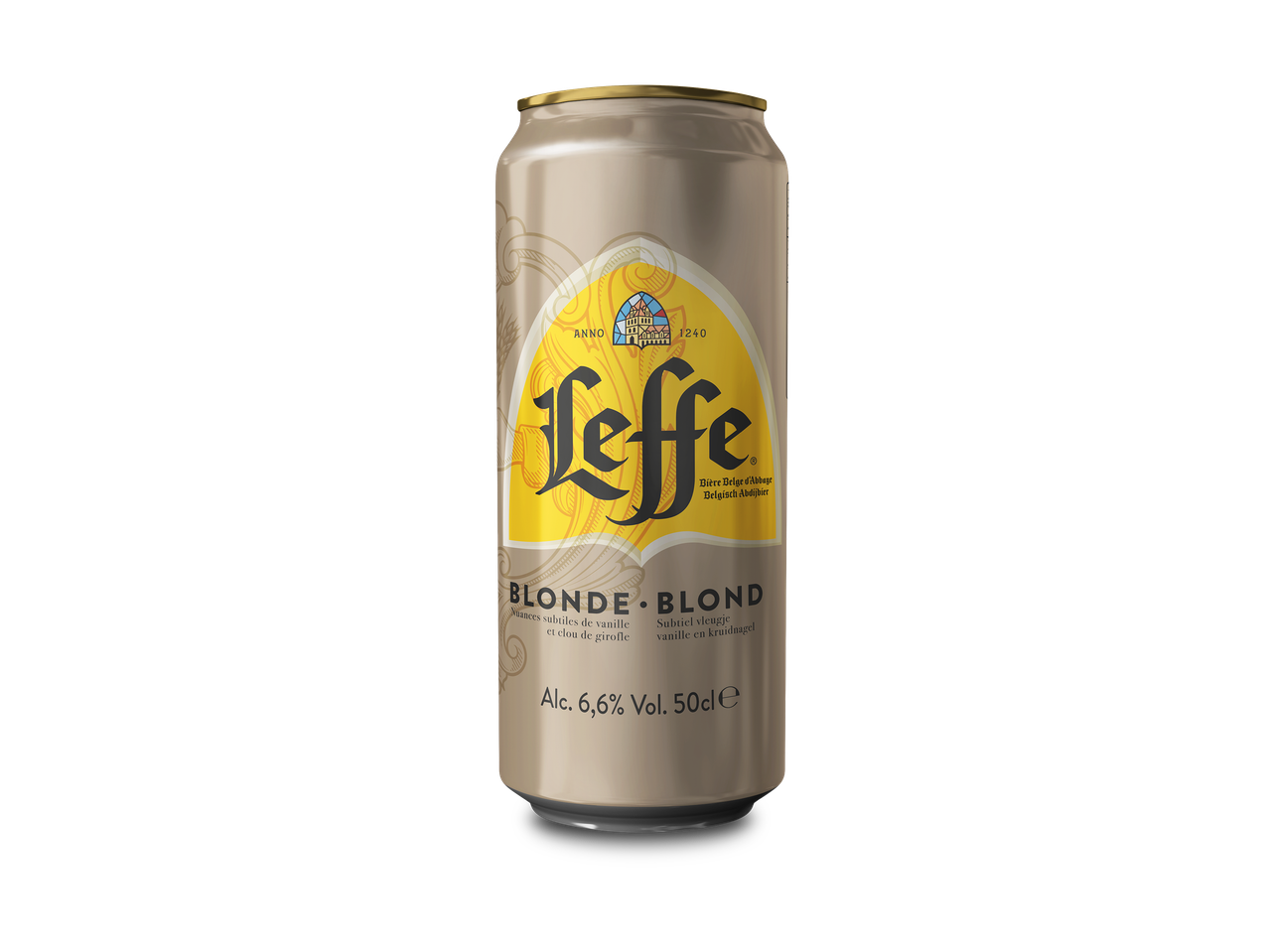Blond abdijbier in een blikje met 6,6% alcohol en hints van vanille en kruidnagel.