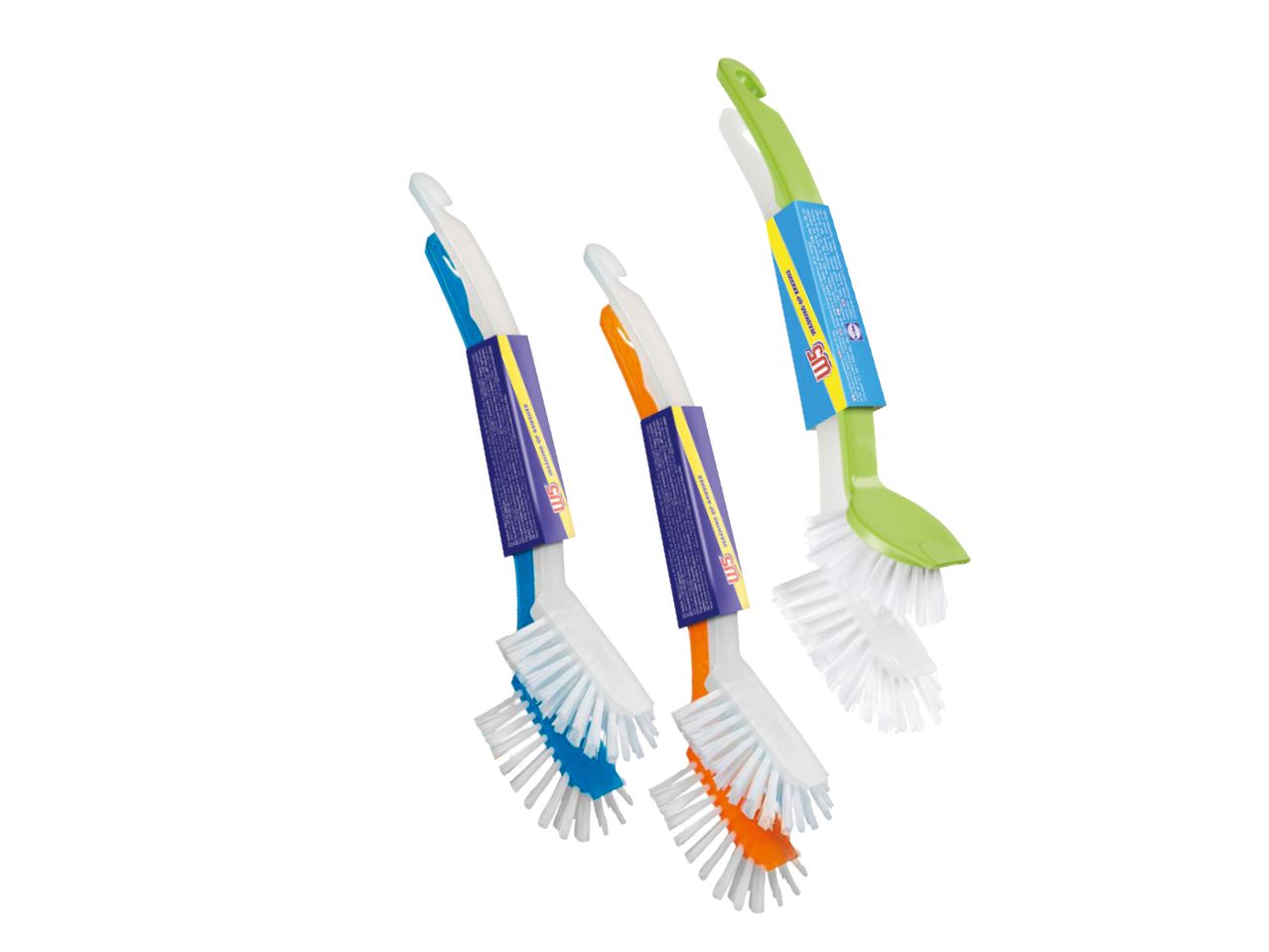Three SOS dishwashing brushes in different colors are shown against a white background.