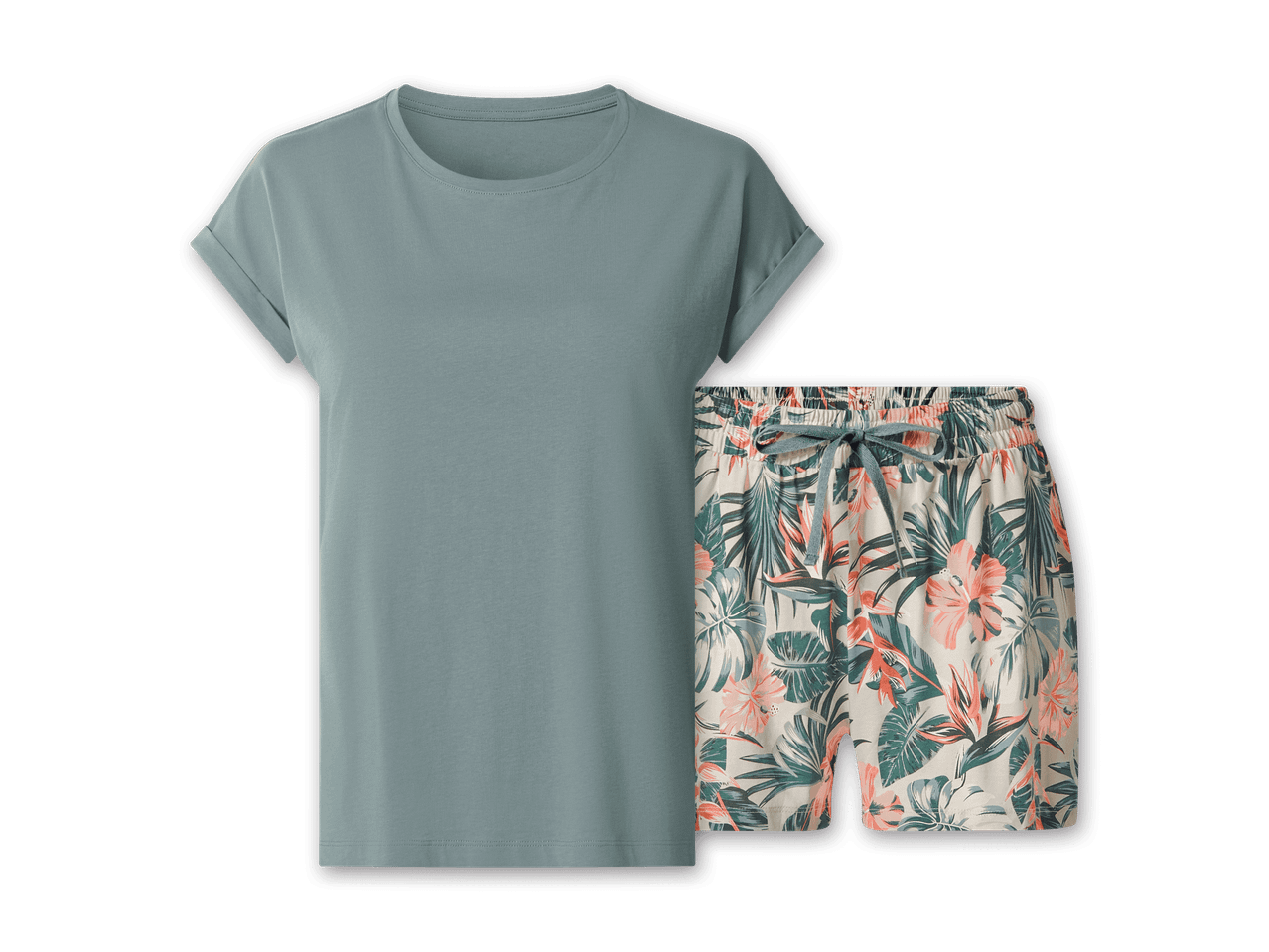 Blaugrünes T-Shirt und Shorts mit tropischem Blumenmuster