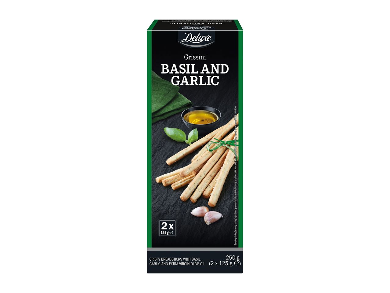 Deluxe Grissini Basil and Garlic breadsticks packaging with product display.