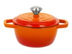 Orange cast iron casserole dish with lid and silver knob