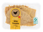 Embalagem de Bifes de Frango Panados com rótulo amarelo indicando 'Frango Nacional' e certificação de bem-estar animal.