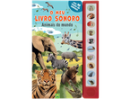 Livro sonoro infantil com vozes de animais, apresentando elefante, tigre, girafa e mais.