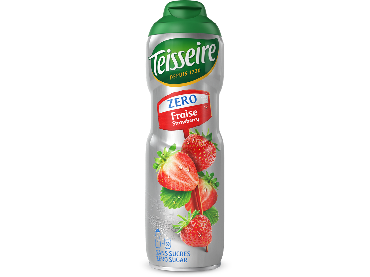 Teisseire Zero Fraise Strawberry siroopfles met aardbeien.