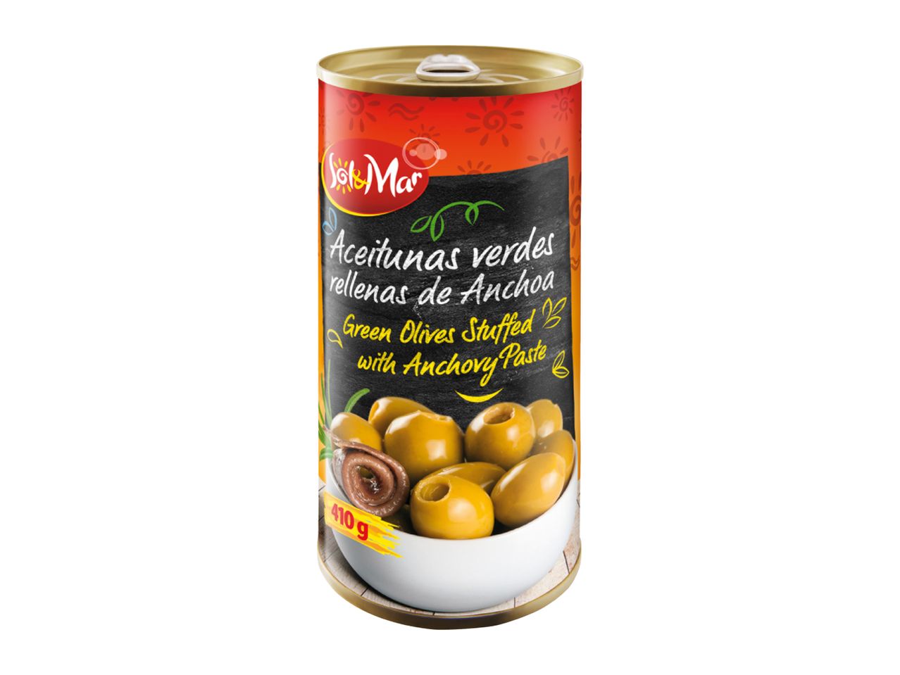 Can of green olives stuffed with anchovy paste, with text in Spanish and English.