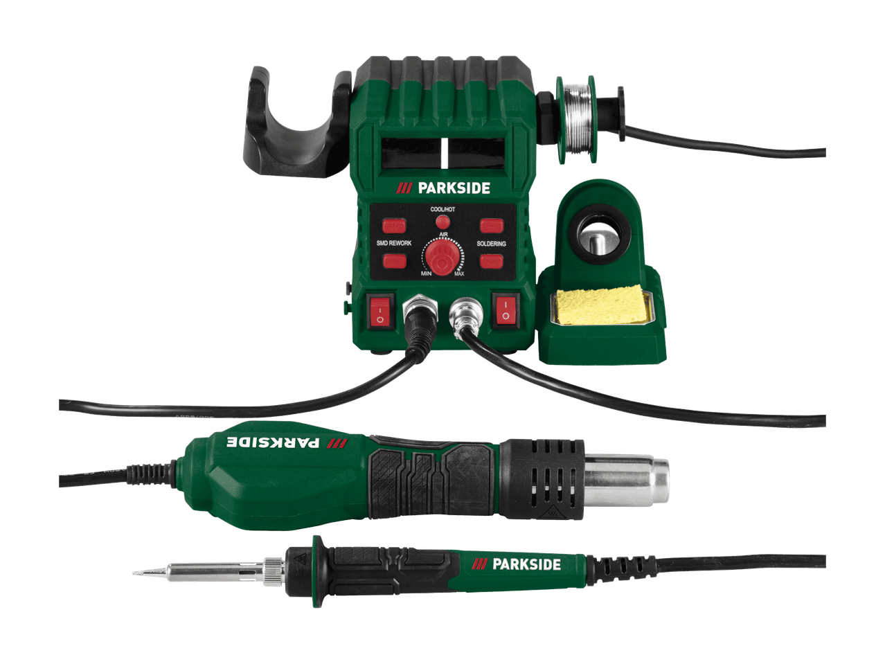 PARKSIDE-juotosasema kuumailmapuhaltimella ja juottimella.