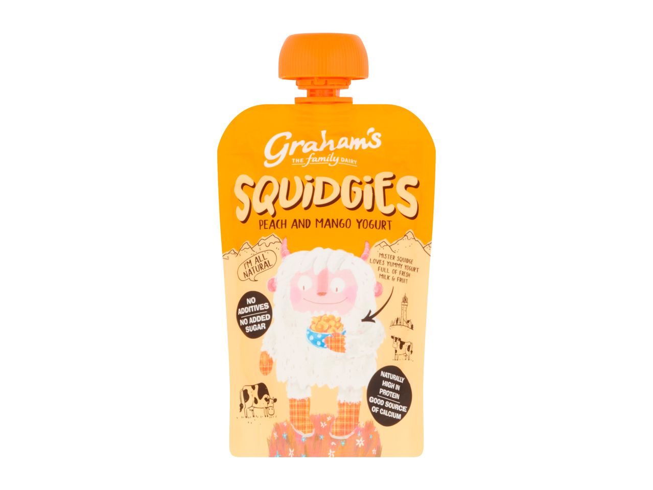 Peach and mango yogurt pouch with a cartoon yeti, highlighting natural ingredients and nutritional benefits.