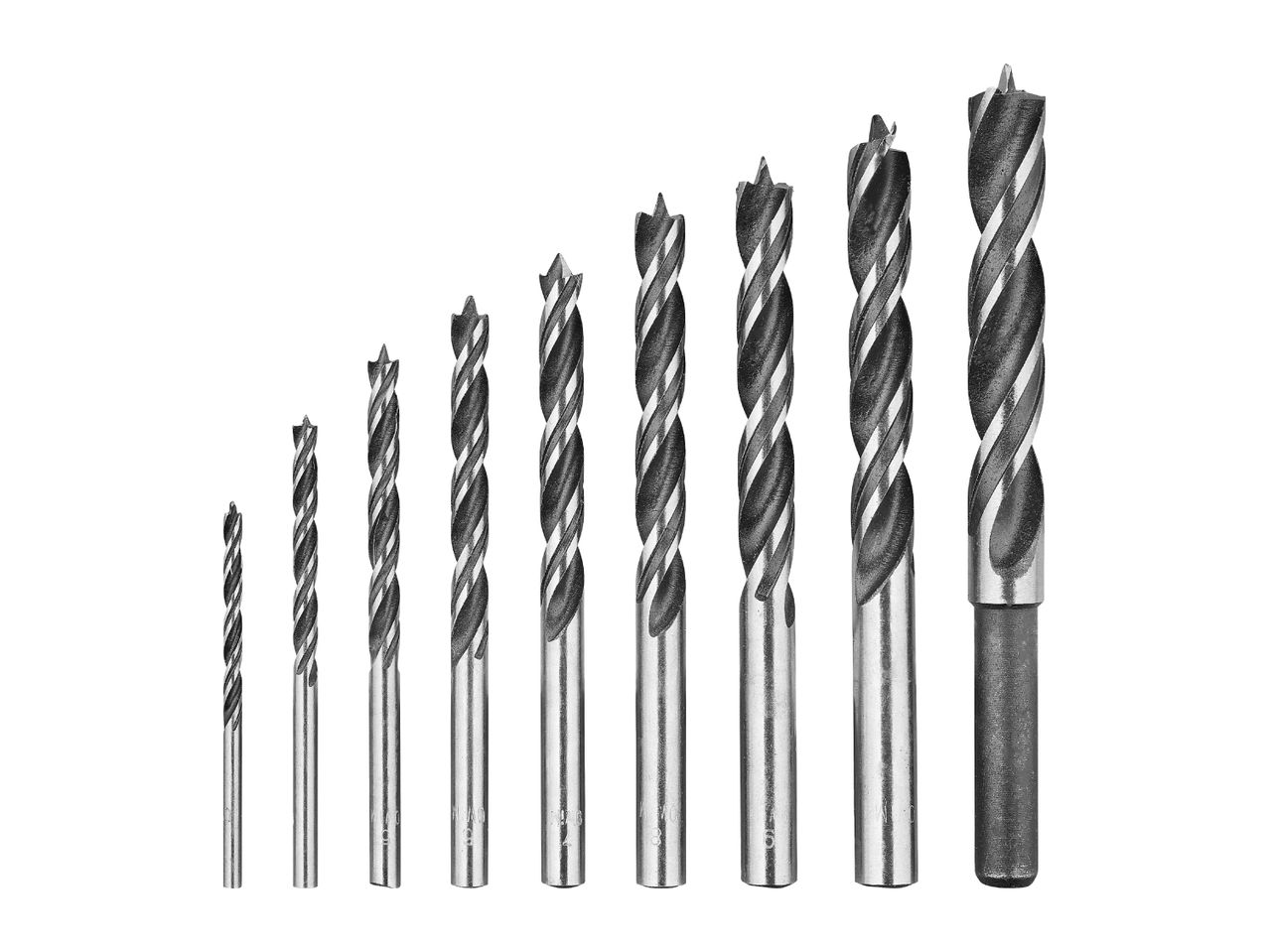 A set of nine wood drill bits of varying sizes, arranged from smallest to largest.