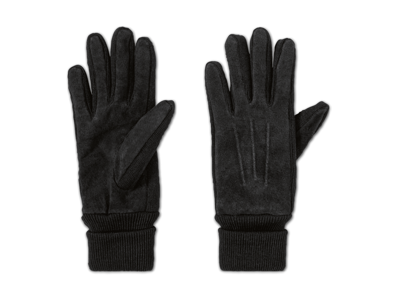 Ein Paar schwarze Handschuhe mit gerippten Bündchen auf schwarzem Hintergrund.