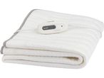White electric underblanket with a grey trim and a remote control with six heat settings.