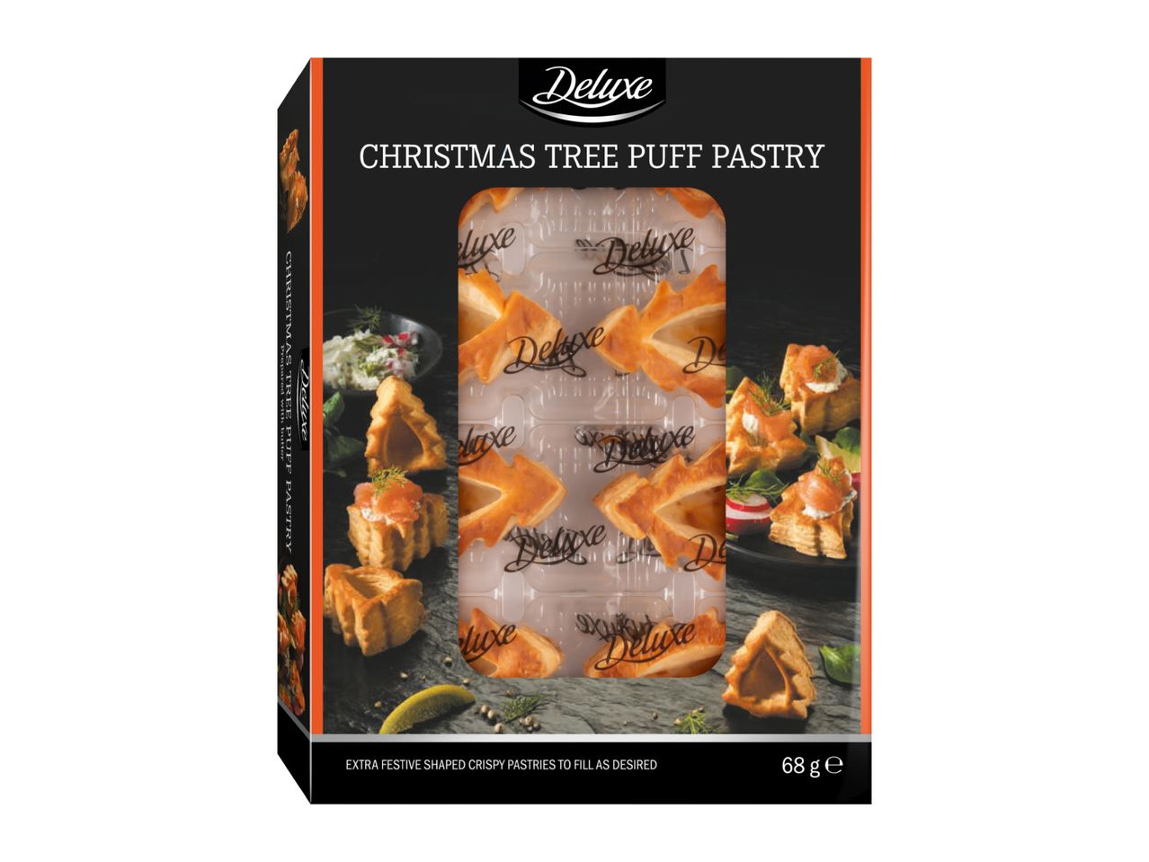 Deluxe Christmas Tree Puff Pastry box with pastries and prepared appetizers.