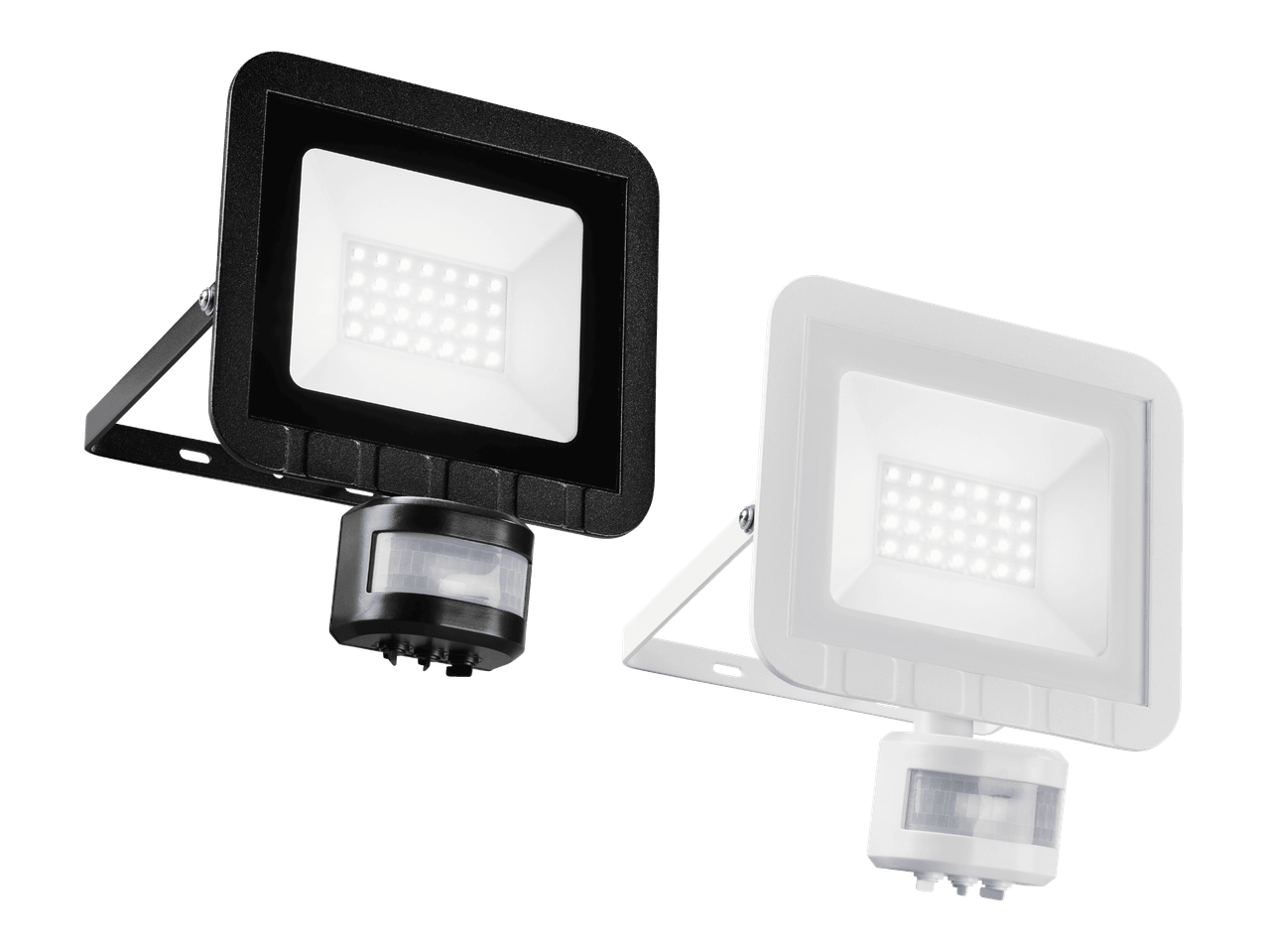 Kaksi LED-valonheitintä liiketunnistimilla, toinen musta ja toinen valkoinen.