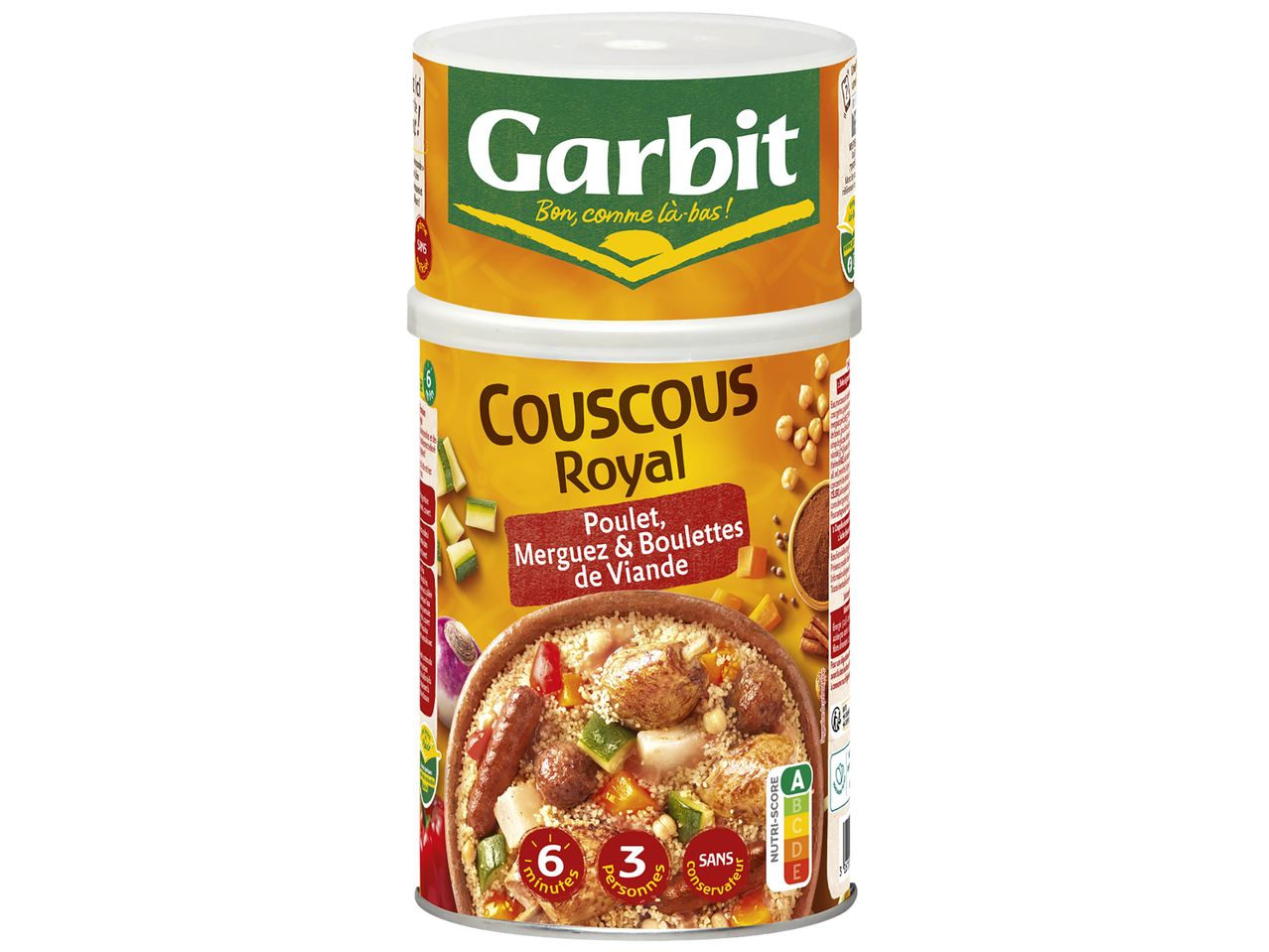 Un pot de couscous Garbit Royal au poulet, merguez et boulettes de viande.