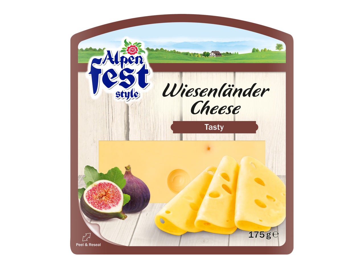 Alpen Fest Wiesenländer sūris riekelėmis su figomis.