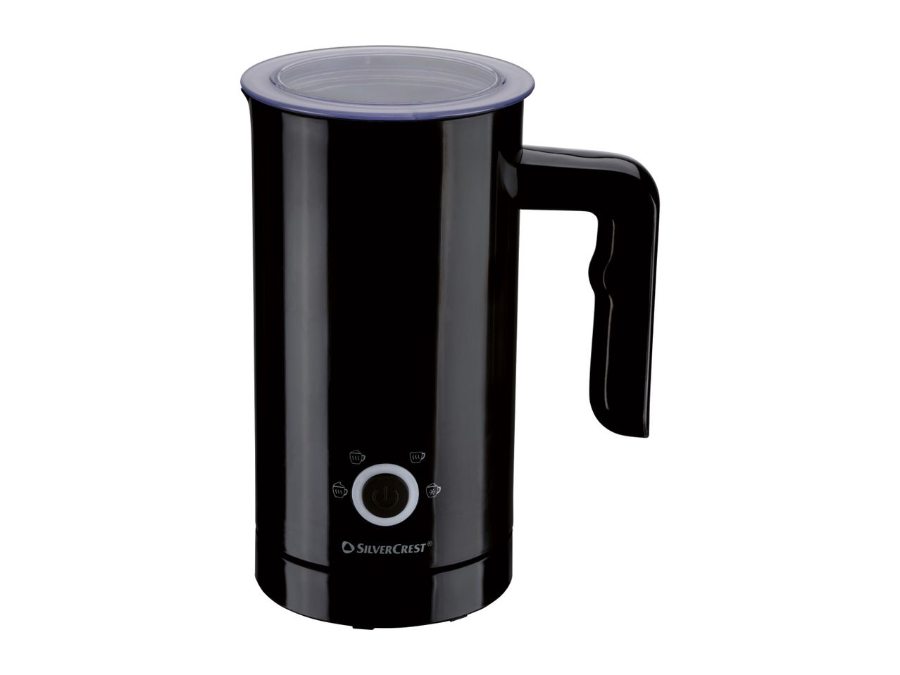 Black milk frother with a transparent lid and control buttons on the front.