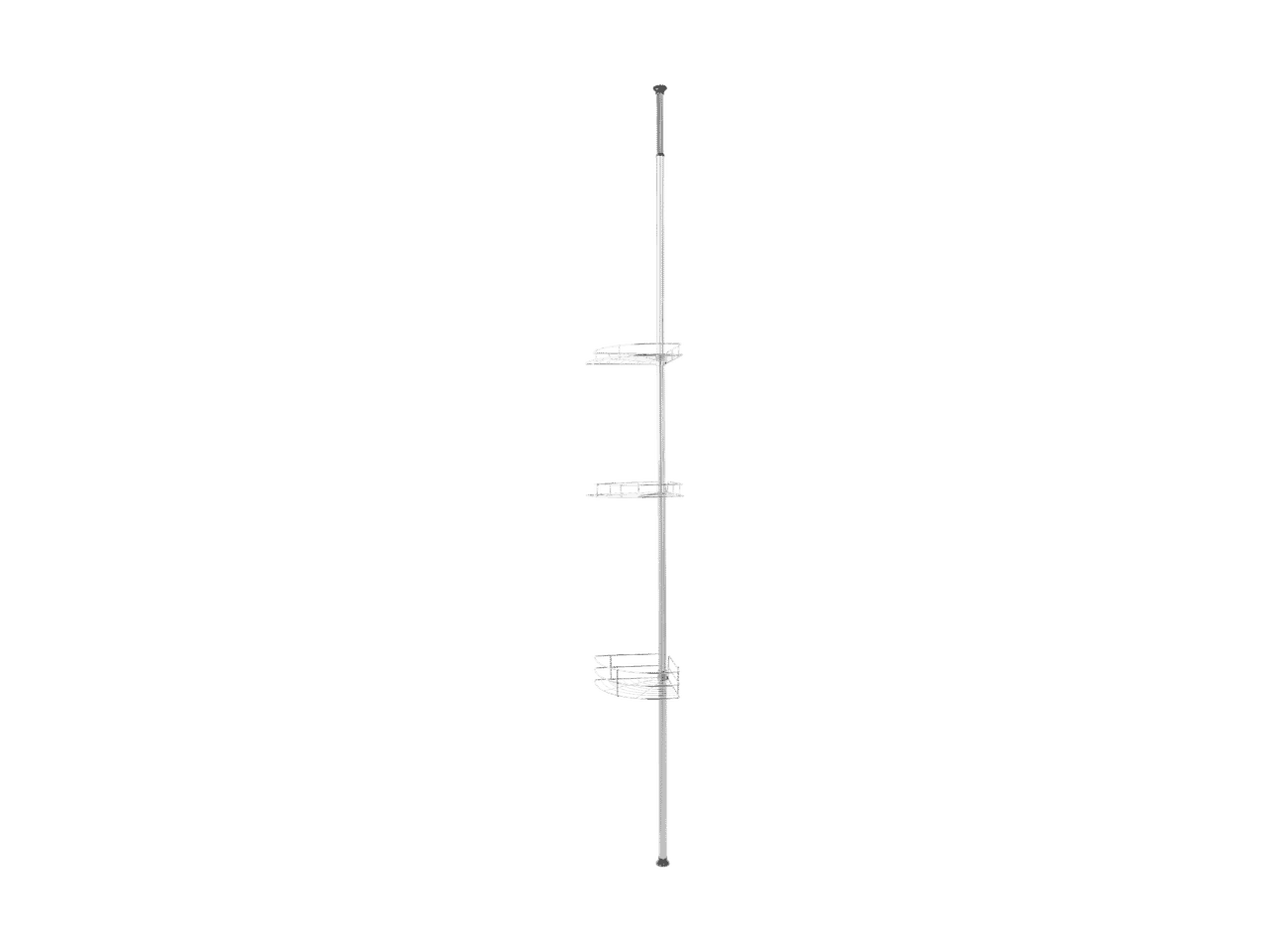 Étagère de douche télescopique d'angle avec trois paniers en fil métallique.