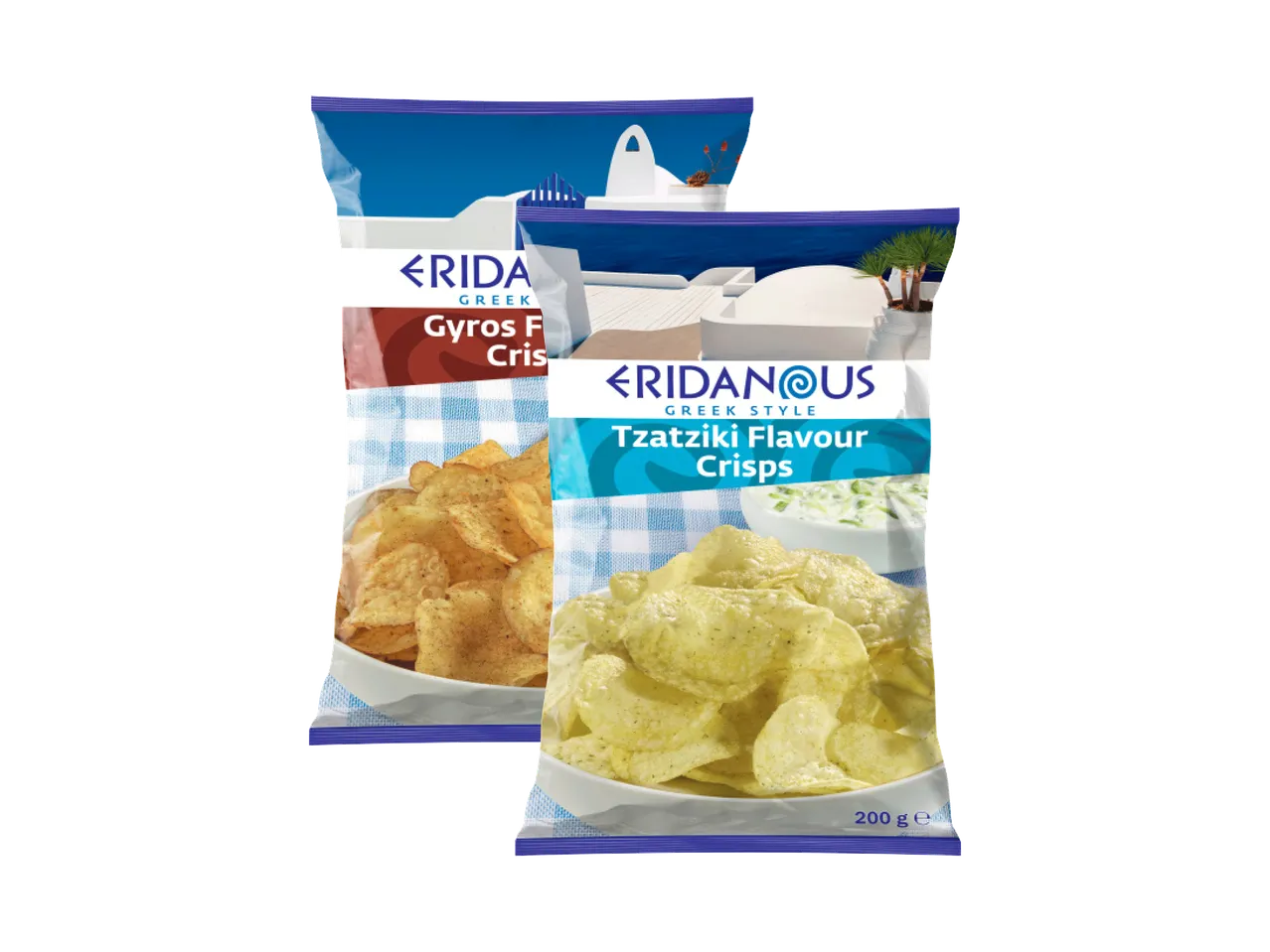 Dve kese čipsa sa ukusom girosa i cacikija, sa grčkom temom u pozadini.